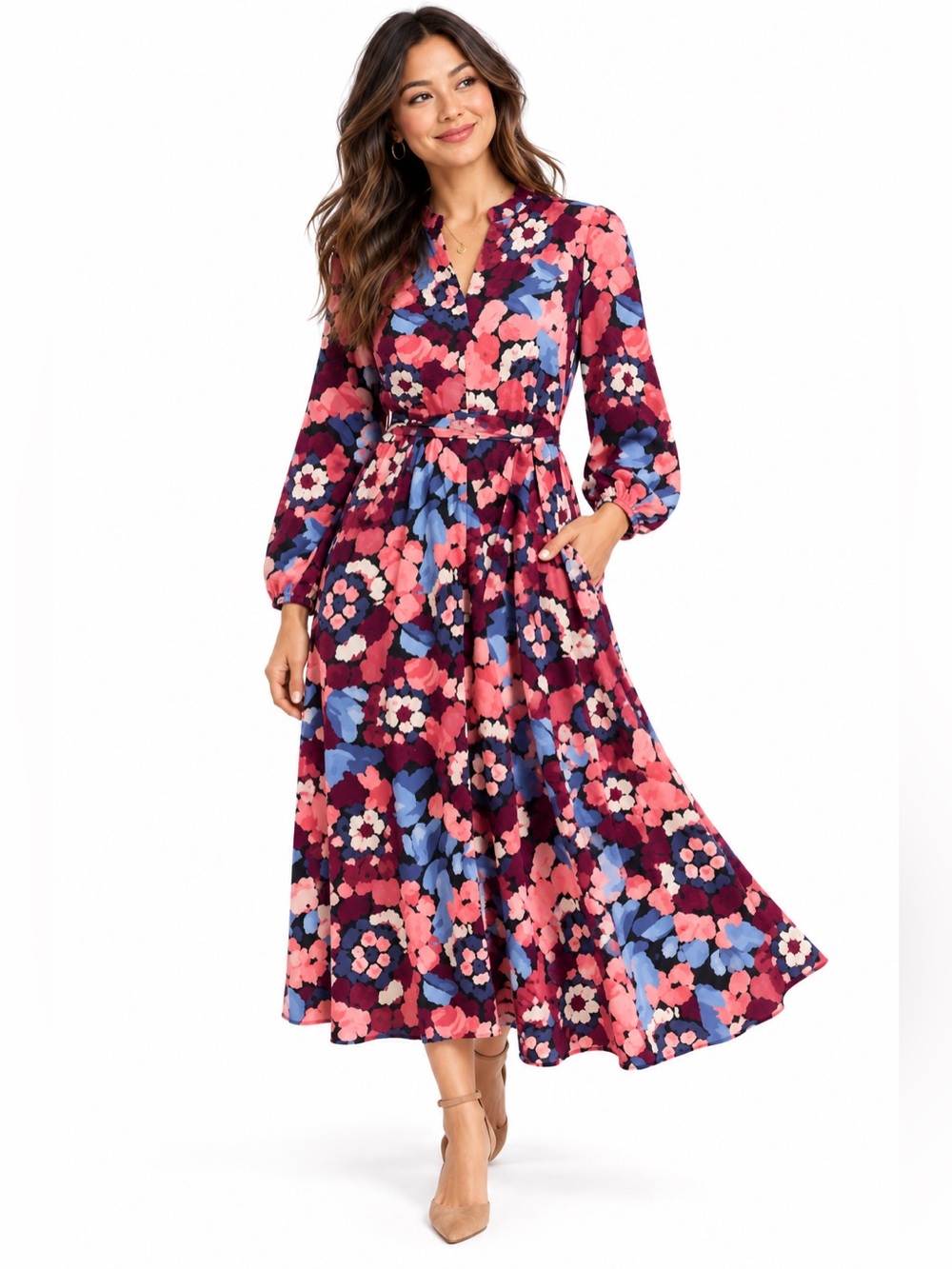 NIC+ZOE Brushstrokes Devon Dress Floral Midi Dress Red & Blue Size XL